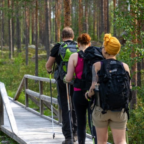 Kolme henkilöä vaeltamassa luontopolulla.